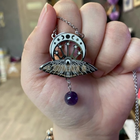 Witchcraft Crescent & Moth Pendant Necklace - Picture 9 of 16